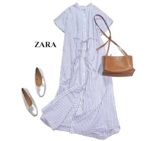 ザラ ZARA 爽やかストライプ☆ウエストマーク ロングシャツワンピース xs ゆったり