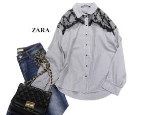ザラ ZARA BASIC 大人可愛い☆ 異素材ドッキング 花柄刺繍チュール デザインストライプシャツ L 羽織にも