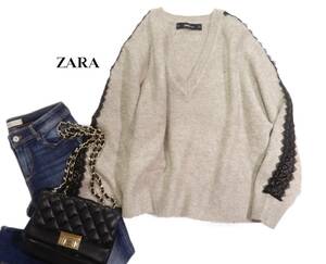 ザラ ZARA KNIT 大人可愛い☆ レース付き Vネック ニットプルオーバー セーター S