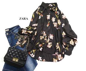 ザラ ZARA BASIC 大人可愛い☆ 微光沢大振りフラワープリント 花柄 タックデザイン袖 ふっくらスリーブ シャツブラウス 羽織にも S