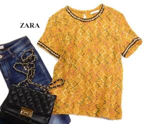 ザラ ZARA WOMAN 大人可愛い☆ チェーンパール装飾 ラメ ファンシーツイード デザインプルオーバー S