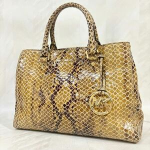 【良品】 MICHAEL KORS マイケルコース パイソン型押 ハンドバッグ トートバッグ ゴールド金具 レディース 鞄 チャーム付き　