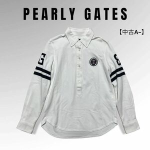 レディース 美品 パーリーゲイツ 長袖 ポロシャツ 鹿の子 0 ホワイト 定番 ワンポイント PEARLY GATES ゴルフ