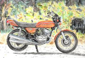 Ａ４プリントです KAWASAKI 750SS　マッハⅢ　水彩画　バイクイラスト　　　