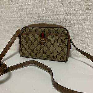 良品　GUCCI グッチ オールドグッチ PVC レザー シェリーライン ショルダーバッグ ブラウン 斜め掛け 