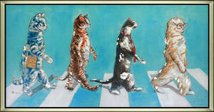 【猫の日特集】ビートルズの「アビイ・ロード」に扮した可愛い猫で 作者不詳４０号ポップな雰囲気に満ちた最高傑作工芸画 おしゃれで可愛い