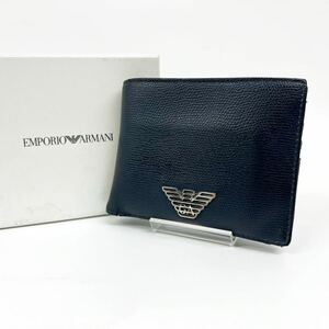 箱付き EMPORIO ARMANI エンポリオ アルマーニ 財布 折り財布 二つ折り 札入れ 小銭入れ レザー 革 ネイビー 紺 シルバー ロゴ プレート