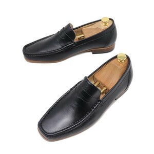  hand made men's 23.5cm original leather smooth Loafer slip-on shoes ma Kei made law business casual black shoes 829