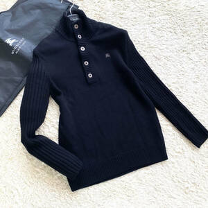 絶版美品BURBERRY BLACKLABELハーフジップジャケットL~M黒ホース刺繍スタンドネックリブニットセーター ブラレバーバリーブラックレーベル