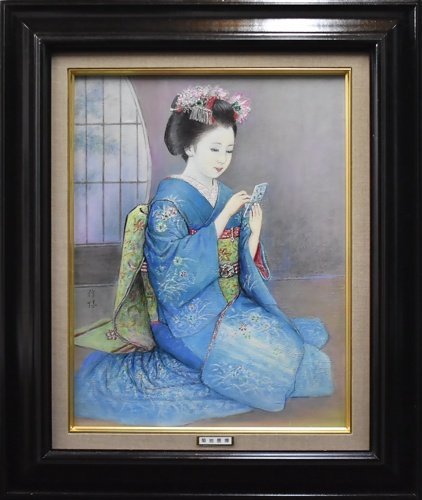 Dies ist ein seltenes Ölgemälde einer Maiko mit einem schönen Lächeln., Nobuhiro Kikuchi Nr. 6 Tekagami Ölgemälde [Masamitsu Gallery], Malerei, Ölgemälde, Porträt