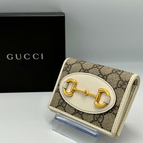 【美品】GUCCI GGスプリーム ホースビット2つ折り財布 レザー ベージュ