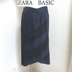 ZARA BASIC ザラ 　レディース　スカート　膝丈　ひざ丈　ラップ風 　プリーツ スカート レース使い ネイビー Ｓ