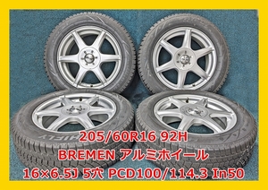 2022年製 205/60R16 92H HIFLY win-turi 212 中古 スタッドレスタイヤ/中古 BREMEN アルミホイール付 4本 5穴 PCD:100/114.3 IN50