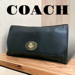 COACH コーチ　クラッチバッグ　レザー　ターンロック　ブラック　ゴールド金具　セカンドバッグ　メンズ　レディース　黒　総柄