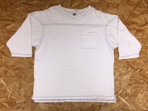 Real Wash リアルウォッシュ アメカジ レトロ 差し色ステッチ 胸ポケット 七分袖フットボールTシャツ メンズ USA COTTON コットン100% L 白