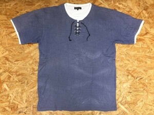 ピノバッツォ PINO BAZZO 民族 エスニック レースアップ 編み上げ 半袖Tシャツ メンズ レイヤード風 大きいサイズ3L 白青