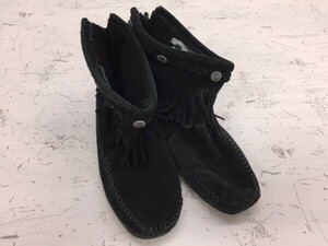 ミネトンカ MINNETONKA フリンジ エスニック スエードレザー モカシン ショートブーツ レディース ドミニカ共和国製 サイズ6 (23cm相当) 黒