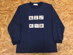 CLEAL FRIEND レトロ 婦人服 テディーベア 切手風 ファンシー 長袖Tシャツ ロンT カットソー レディース ドット柄 L 紺