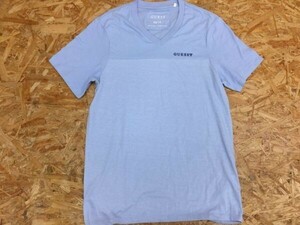 ゲス GUESS Vネック 切替 半袖 Tシャツ カットソー メンズ コットン50% ポリエステル50% 薄手 XS 青 胸刺繍ロゴ