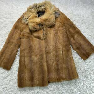 希少 最高級毛皮 ミンクファー MINK フォックス FOX コート リアルファー ジャケット ブラウン 毛皮 セミロングコート 刺繍 　
