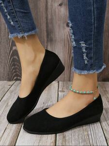  new goods unused slip-on f rats elegant black black color fake suede pumps Wedge sole commuting si- in SHEIN