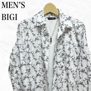 MEN'S BIGI 総柄シャツ　長袖シャツ　小花柄シャツ　日本製　白　ホワイト