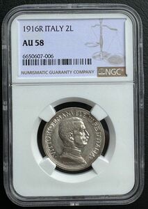1916年 イタリア 2リラー銀貨NGC AU58 クアドリガ アンティークコイン