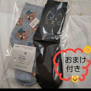 おまけ付き【新品】ねこ柄　猫　パイル編み　あったかソックス2足セット　靴下