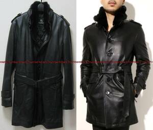 新品 同様 BURBERRY BLACK LABEL 希少14A/W 限定ファー付 ラムレザー トレンチ コート M 黒ジャケット 羊革 46 バーバリーブラックレーベル