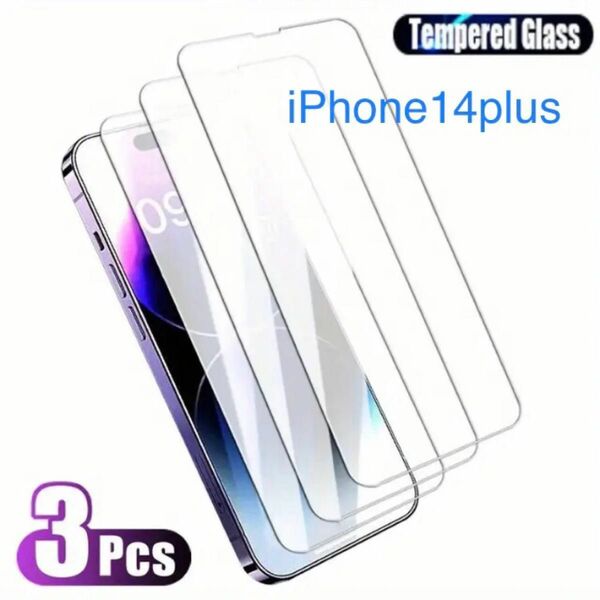 iPhone14plus3枚　強化ガラスフィルム　スクリーンプロテクター フルカバー　全面保護　クリア アイフォン プラス　液晶