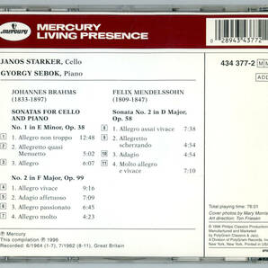 Janos Starker, Gyorgy Sebok - Brahms & Mendelssohn: Cello Sonatas, 輸入盤 (Mercury)の画像2