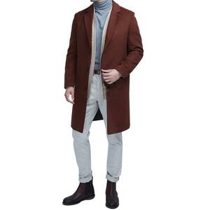 ロング丈コート Lサイズ/ブラウン ウール メンズ 冬ジャケット オシャレ ビジネス 通勤コート