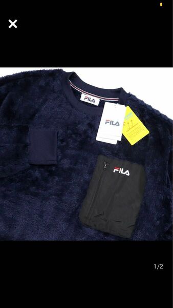 FILA 新品 メンズ UVカット 保温 モコモコ シャギー クルーネック トレーナー 紺 XL[441320-NV-LL]