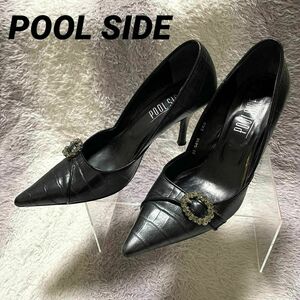 s838 POOL SIDE ヒール パンプス 黒 オシャレ ビジュー 上品