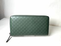 188 美品 1円~/希少カラー● GUCCI グッチ 長財布 ウォレット ラウンドファスナー ジップ GG マイクロシマ グリーン レザー ビジネス_画像1