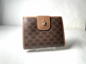 230 1円 ■美品■ CELINE セリーヌ マカダム柄 PVC×レザー がま口 二つ折り 財布 ウォレット 札入れ レディース ブラウン系