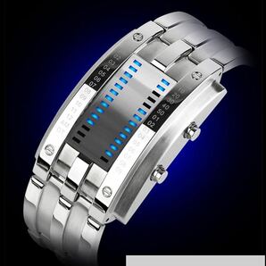 腕時計 シルバー BB1042 バイナリマトリックス ブルー LED デジタル ウォッチ メンズ クラシック クリエイティブ ファッションの画像2
