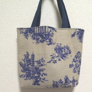 ハンドメイド ★ミニトートバッグ 手提げ ランチバッグ　北欧風 麻綿　ベージュ×ネイビー　ブルー　紺色