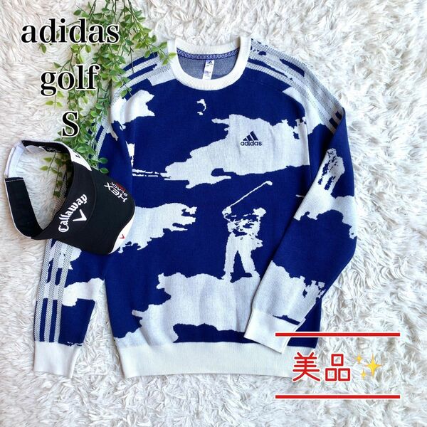 【美品】adidas golf アディダスゴルフ 総柄 ゴルフウェア ニット セーター ブルー系 S