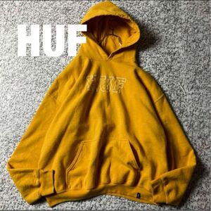 オススメ　HUF 刺繍ロゴ　ビッグシルエット　スウェットパーカー　マスタード　XLサイズ 古着　ストリート　フーディー