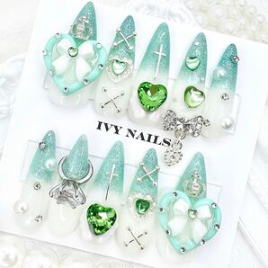 ネイルチップ 量産 緑 地雷 量産型 推し活 メンカラ ちゅるん 薄緑 オーダー 現品 【142】