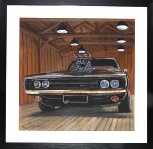 油絵 静物画『dodge charger』Jimy作 肉筆１点物 *アクリル板付 ダッジ・チャージャー クライスラー ガレージ J12-2-AE801