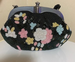 * total beads bag * floral print * both sides gorgeous * retro * black beads bag coming-of-age ceremony party 