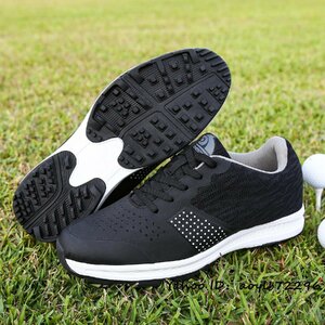 新品 ゴルフシューズ スポーツシューズ アウトドア 運動靴 ウォーキング 軽量 フィット感 幅広い 防水 防滑 耐磨 弾力性 黒系 25.5cm