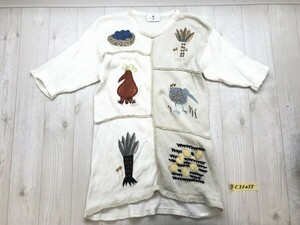 AVAIL しまむら レディース 刺繍入り 綿麻 五分袖ニットチュニック Mくらい 白他