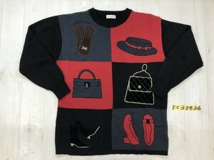 VAREUSE レディース ファッション柄 ウール混 チュニック セーター L アクリル毛 赤黒