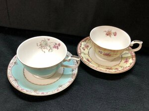 24B046 送料無料 NARUMI BONE CHINA カップ＆ソーサー 2客 金彩 花柄 ピンク 水色 ナルミ 洋食器 日本製 中古品 未使用品