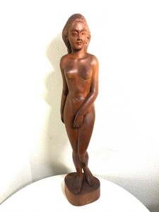 木彫 バリ島 BALI 裸婦 女性像 高65㎝ 一刀彫 東洋インテリア 木製立像 お土産 古美術 玄関飾り 置物 オブジェ アンティーク