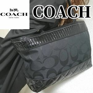 【極美品】Ａ4収納可　 COACH　 コーチ　 シグネチャー　トートバッグ　キャンバス　黒　ブラック　BLACK