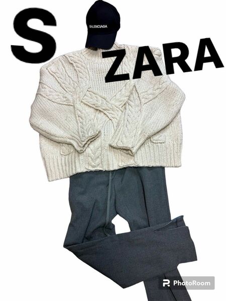 ZARA オーバーサイズのケーブル編みセーター　ざっくり肉厚セーター　アランニット　ハイネック　プルオーバー